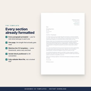 Op de afbeelding: Een digitaal sollicitatiebrief-sjabloon weergegeven op een witte pagina met donkere tekst. Links staat een lijst met kenmerken: The template, Every section already formatted, Every paragraph prompted, One page, Matches the CV templates, Sender block positioned to UK convention, en Fully editable Word file, not a locked PDF.