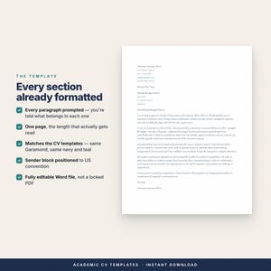 Op de afbeelding: Een digitaal sjabloon voor een sollicitatiebrief met een lijst van opmaakvoordelen aan de linkerkant en een voorbeeldbrief aan de rechterkant. De tekst bevat THE TEMPLATE, Every section already formatted en details over de CV-indeling.