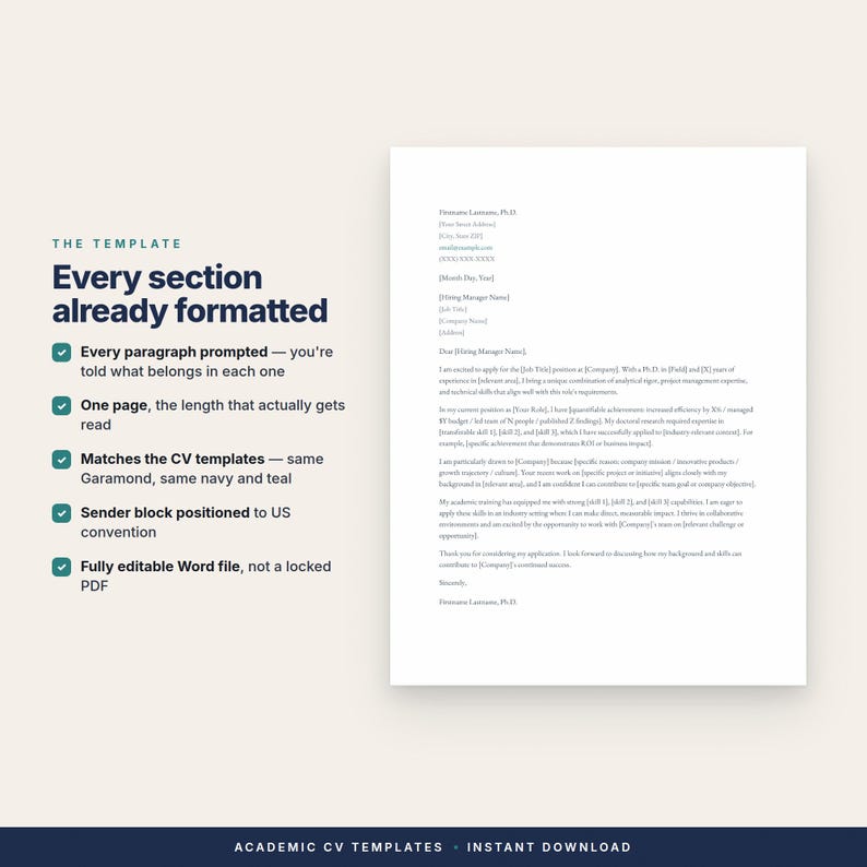 Op de afbeelding: Een digitaal sjabloon voor een sollicitatiebrief met een lijst van opmaakvoordelen aan de linkerkant en een voorbeeldbrief aan de rechterkant. De tekst bevat THE TEMPLATE, Every section already formatted en details over de CV-indeling.