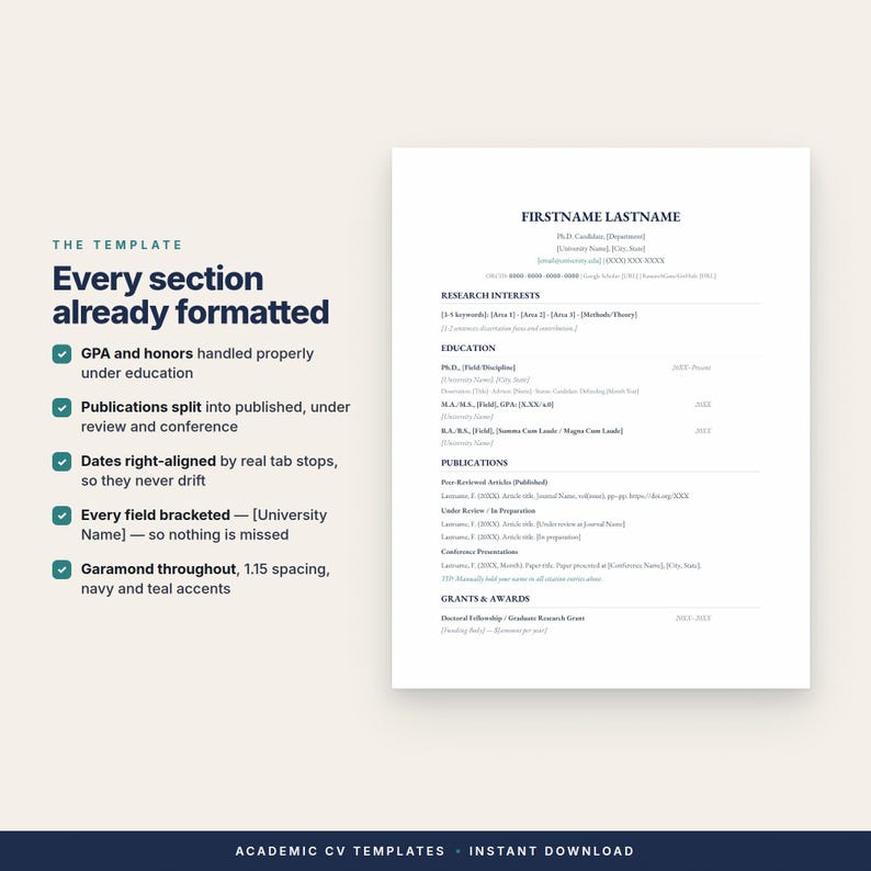 May include: A digital academic CV template featuring a clean white layout with navy and teal text accents. The document includes sections for research interests, education, publications, and grants, utilising Garamond font with 1.15 line spacing.