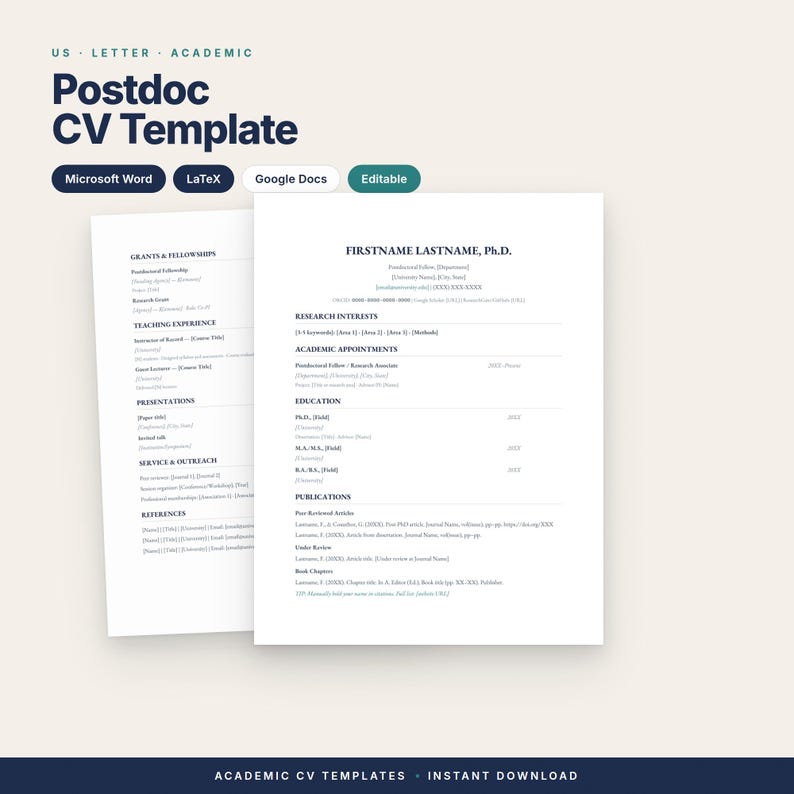 Komplett akademiskt CV och personligt brevpaket | 8 mallar för CV och 4 brev | Storbritannien och USA | Redigerbart Word och LaTeX bild 3