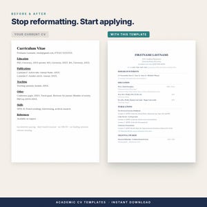 May include: A digital document template for an academic curriculum vitae, featuring a comparison between a basic current CV and a structured template. The text includes headings like Curriculum Vitae, Education, Publications, and Research Interests.