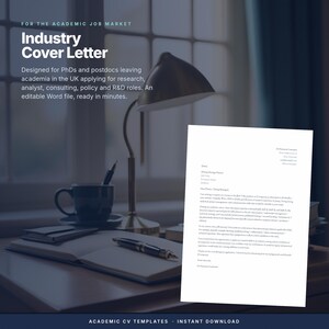 Op de afbeelding: Een digitaal sjabloon voor een industri&euml;le sollicitatiebrief, ontworpen voor gepromoveerden en postdocs. Het document heeft een formele lay-out met tijdelijke aanduidingen voor contactgegevens, een aanhef en tekstblokken voor sollicitaties.