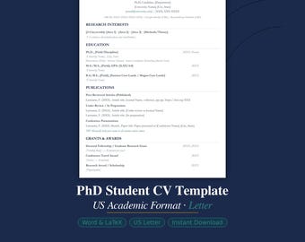 PhD CV Template US | Academic Curriculum Vitae | Word & LaTeX | Graduate School | Instant Download