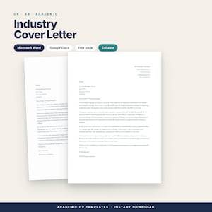 Op de afbeelding: Een academisch sollicitatiebriefsjabloon in A4-formaat voor Microsoft Word en Google Docs. Het document heeft een strakke, professionele lay-out met tijdelijke aanduidingen voor contactgegevens, werkgeversinformatie en de hoofdtekst.