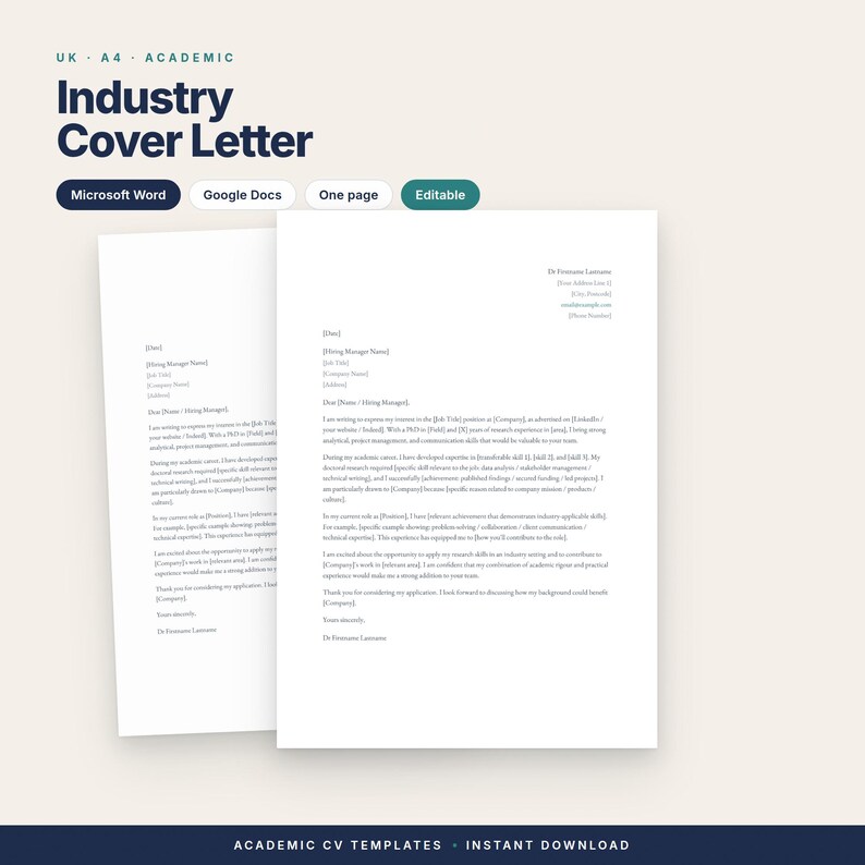 Op de afbeelding: Een academisch sollicitatiebriefsjabloon in A4-formaat voor Microsoft Word en Google Docs. Het document heeft een strakke, professionele lay-out met tijdelijke aanduidingen voor contactgegevens, werkgeversinformatie en de hoofdtekst.