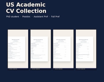 Pacote de Modelos de Currículo Acadêmico dos EUA | Quatro Modelos de Currículo para Doutorado, Pós-Doutorado, Professor Assistente e Professor Titular | Word e LaTeX