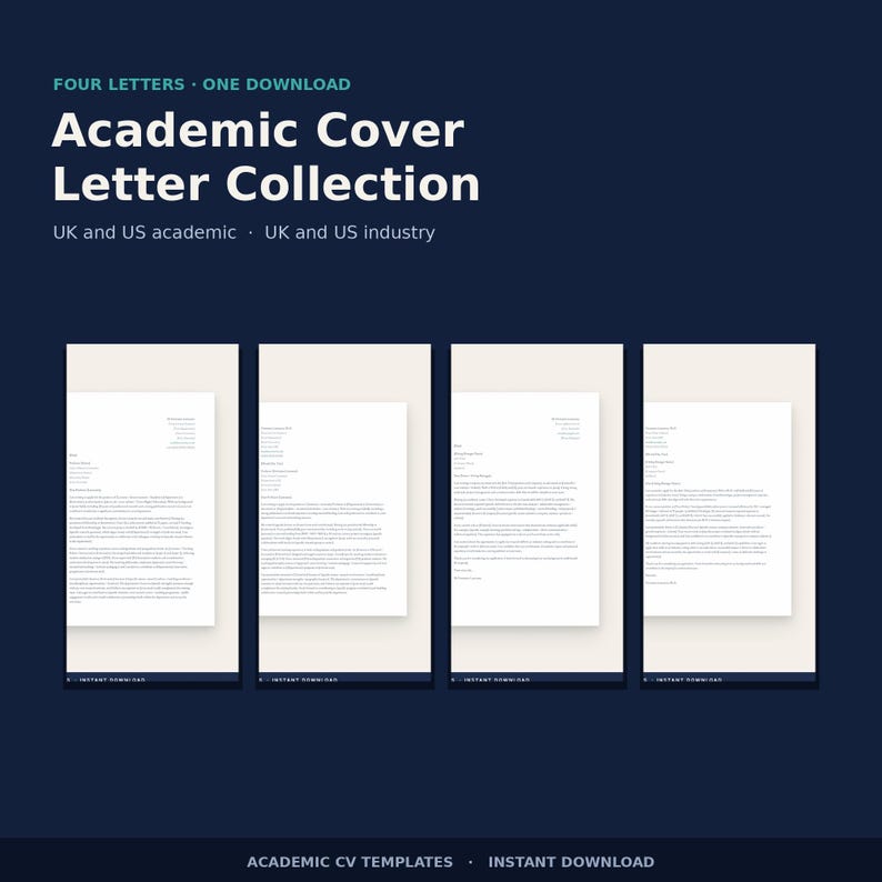K&ouml;nnte beinhalten: Eine digitale Sammlung von vier akademischen Anschreiben-Vorlagen auf dunkelblauem Hintergrund. Der Text lautet: FOUR LETTERS ONE DOWNLOAD, Academic Cover Letter Collection, UK and US academic, UK and US industry, und ACADEMIC CV TEMPLATES.