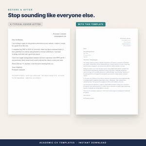 Op de afbeelding: Een digitale documentvergelijking met een typische sollicitatiebrief aan de linkerkant en een gestructureerd sjabloon aan de rechterkant. De tekst bevat koppen zoals BEFORE & AFTER, Stop sounding like everyone else, A TYPICAL COVER LETTER en WITH THIS TEMPLATE.