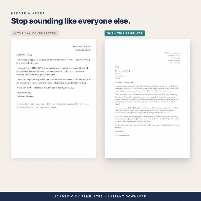 Op de afbeelding: Een digitale documentvergelijking met een typische sollicitatiebrief aan de linkerkant en een gestructureerd sjabloon aan de rechterkant. De tekst bevat koppen zoals BEFORE & AFTER, Stop sounding like everyone else, A TYPICAL COVER LETTER en WITH THIS TEMPLATE.