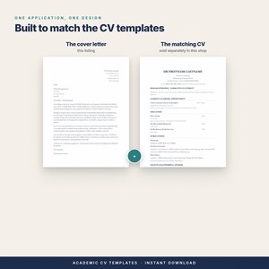 Op de afbeelding: Een digitale documentsjabloonset met een begeleidende brief aan de linkerkant en een bijpassend academisch CV aan de rechterkant. De tekst bevat koppen zoals ONE APPLICATION, ONE DESIGN, Built to match the CV templates en ACADEMIC CV TEMPLATES.