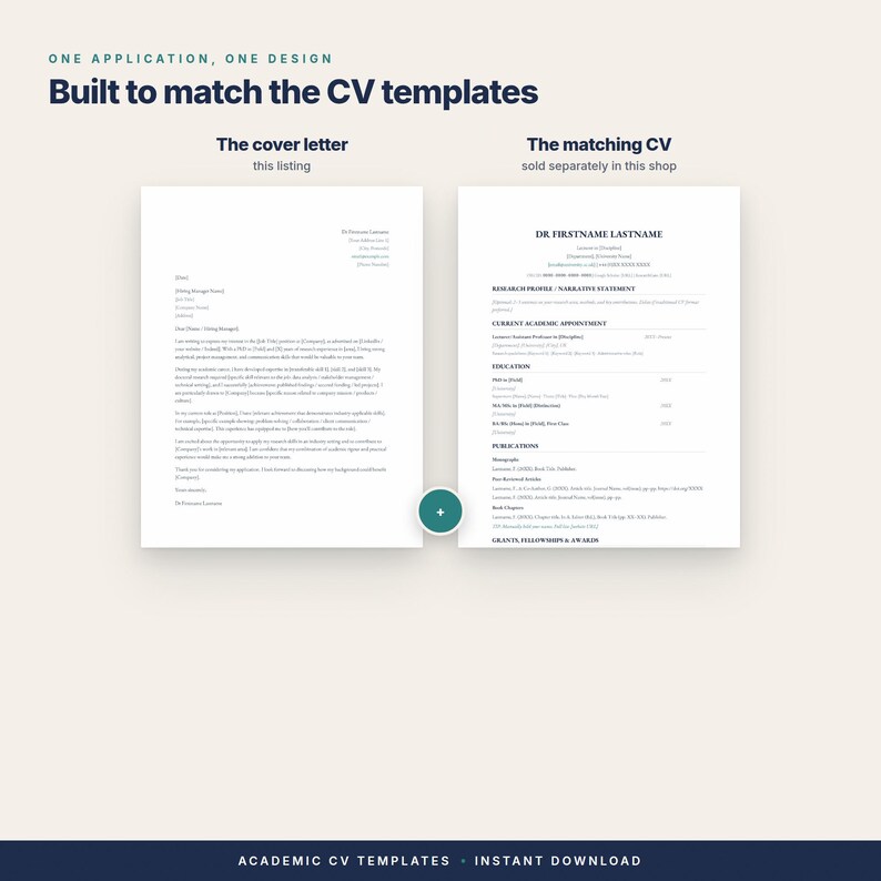 Op de afbeelding: Een digitale documentsjabloonset met een begeleidende brief aan de linkerkant en een bijpassend academisch CV aan de rechterkant. De tekst bevat koppen zoals ONE APPLICATION, ONE DESIGN, Built to match the CV templates en ACADEMIC CV TEMPLATES.