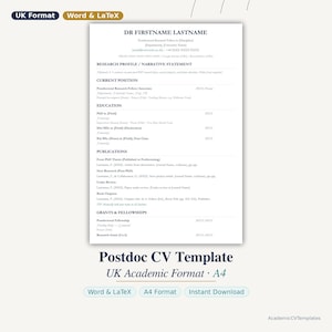CV-mall för postdoktorer i Storbritannien | Akademiskt CV | Word och LaTeX | Forskare | A4-nedladdning