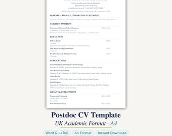 Postdoc CV Template UK | Academic Curriculum Vitae | Word & LaTeX | Research Fellow | A4 Download