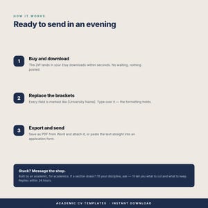 May include: An instructional graphic titled How It Works: Ready to send in an evening. It outlines three steps: 1. Buy and download, 2. Replace the brackets, and 3. Export and send. A dark blue box at the bottom reads: Stuck? Message the shop.