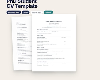 Academic CV Template for PhD Students | Editable Curriculum Vitae Word & LaTeX | Grad School Research Scientist CV | US Letter Download