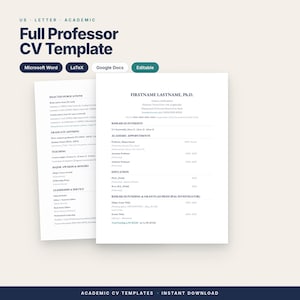 Mall för fullständigt CV för professor | CV för seniorakademiska kandidater för ansökningar till dopetrativa professorer och dekaner | Redigerbar Word och LaTeX | US Letter bild 1