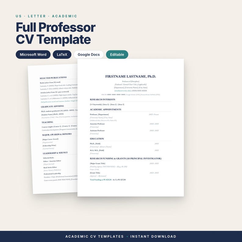 Mall för fullständigt CV för professor | CV för seniorakademiska kandidater för ansökningar till dopetrativa professorer och dekaner | Redigerbar Word och LaTeX | US Letter bild 1