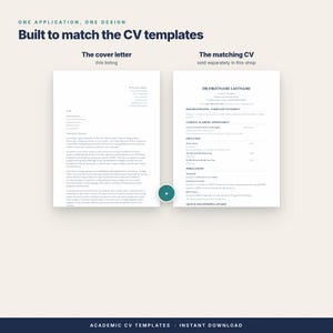 May include: A digital document template featuring a cover letter on the left and a matching CV on the right. The text reads "ONE APPLICATION, ONE DESIGN Built to match the CV templates", "The cover letter this listing", and "The matching CV sold separately in this shop".