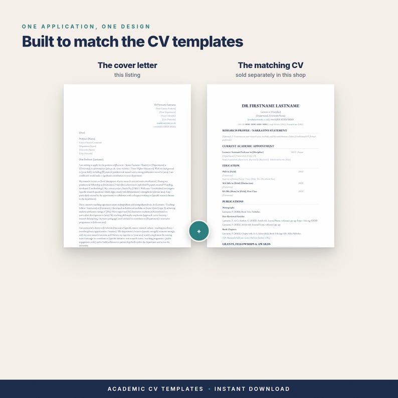 May include: A digital document template featuring a cover letter on the left and a matching CV on the right. The text reads "ONE APPLICATION, ONE DESIGN Built to match the CV templates", "The cover letter this listing", and "The matching CV sold separately in this shop".