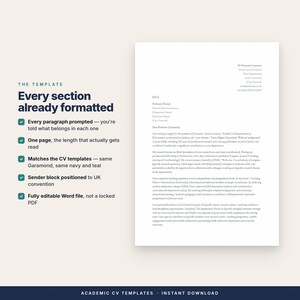 May include: A digital academic cover letter template displayed on a white page with dark text. The left side features a list of features titled THE TEMPLATE Every section already formatted with five checkmarks and descriptive text points.