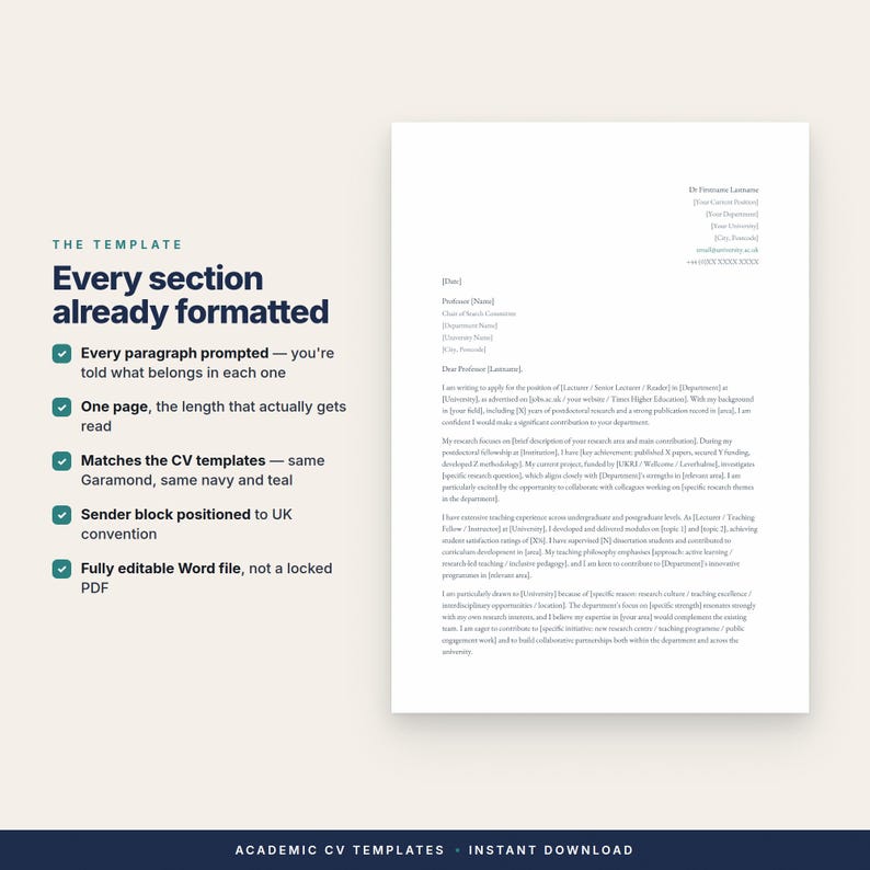 May include: A digital academic cover letter template displayed on a white page with dark text. The left side features a list of features titled THE TEMPLATE Every section already formatted with five checkmarks and descriptive text points.