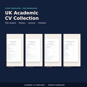 Pode incluir: Uma cole&ccedil;&atilde;o digital de quatro modelos de CV acad&ecirc;mico em um fundo azul escuro. O texto diz: FOUR TEMPLATES &middot; ONE DOWNLOAD, UK Academic CV Collection, PhD student &middot; Postdoc &middot; Lecturer &middot; Professor, e ACADEMIC CV TEMPLATES &middot; INSTANT DOWNLOAD.
