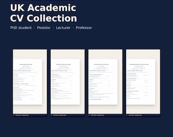Pack de modèles de CV académiques britanniques | Quatre modèles de CV pour doctorants, post-doctorants, maîtres de conférences et professeurs | Fichiers Word et LaTeX modifiables | Format A4