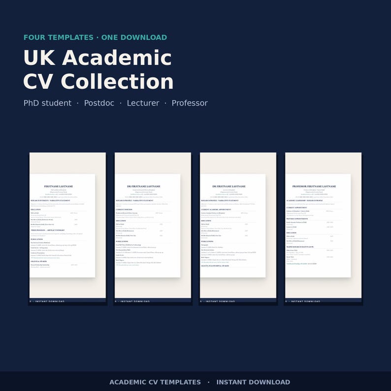 Pode incluir: Uma cole&ccedil;&atilde;o digital de quatro modelos de CV acad&ecirc;mico em um fundo azul escuro. O texto diz: FOUR TEMPLATES &middot; ONE DOWNLOAD, UK Academic CV Collection, PhD student &middot; Postdoc &middot; Lecturer &middot; Professor, e ACADEMIC CV TEMPLATES &middot; INSTANT DOWNLOAD.