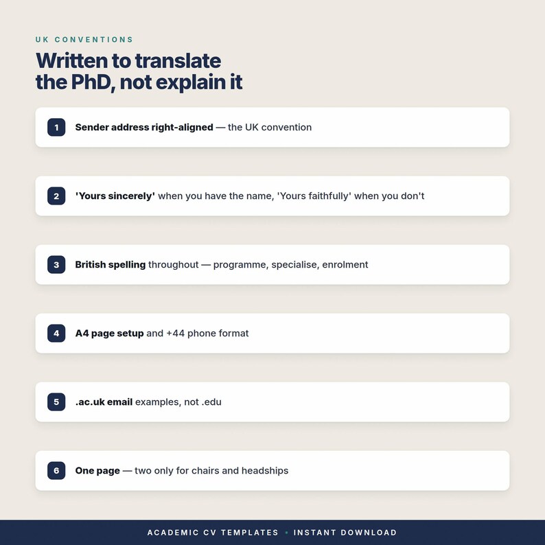 Op de afbeelding: Een infographic met de titel UK CONVENTIONS Written to translate the PhD, not explain it. Het bevat zes genummerde punten over documentopmaak, waaronder adresuitlijning, afsluitingen, spelling, A4-instellingen en de lengte van het document.