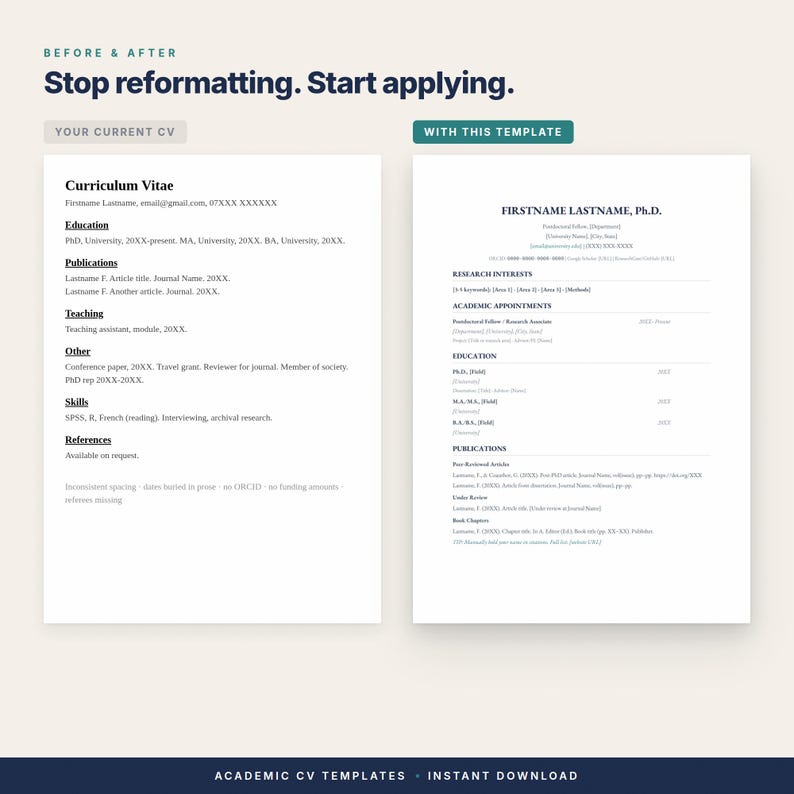 May include: A side-by-side comparison of two curriculum vitae documents. The left side is labeled 'YOUR CURRENT CV' and the right side is labeled 'WITH THIS TEMPLATE'. The top text reads 'BEFORE & AFTER' and 'Stop reformatting. Start applying.'