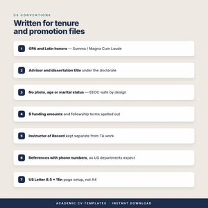 Pu&ograve; includere: Un grafico informativo intitolato US Conventions Written for tenure and promotion files. Elenca sette punti numerati riguardanti la formattazione dei CV accademici, tra cui GPA, dettagli del relatore, linee guida EEOC, finanziamenti, ruoli di insegnamento e referenze.