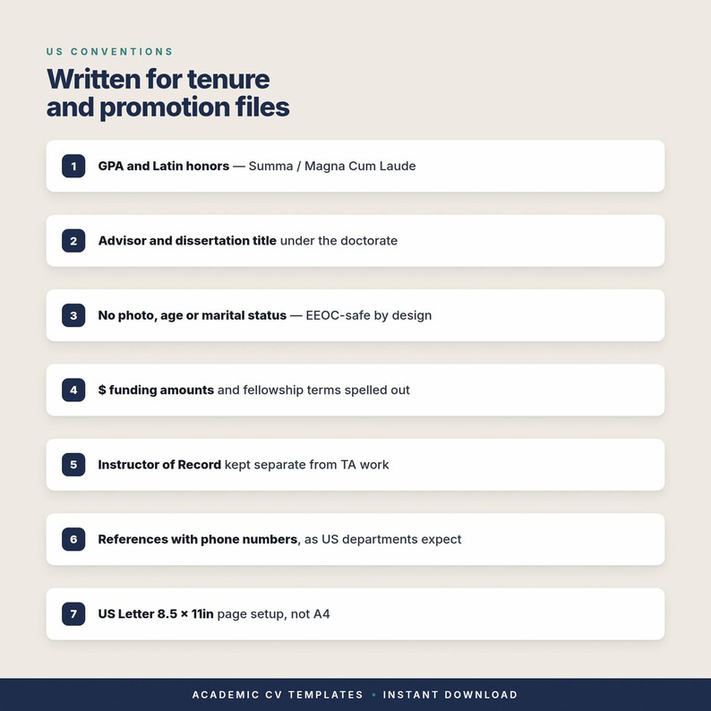 Pu&ograve; includere: Un grafico informativo intitolato US Conventions Written for tenure and promotion files. Elenca sette punti numerati riguardanti la formattazione dei CV accademici, tra cui GPA, dettagli del relatore, linee guida EEOC, finanziamenti, ruoli di insegnamento e referenze.