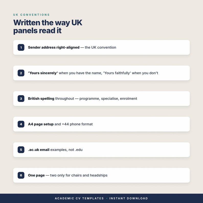 May include: An informational graphic titled UK CONVENTIONS Written the way UK panels read it, listing six numbered points regarding document formatting, including sender address alignment, sign-offs, spelling, page setup, email domains, and length.