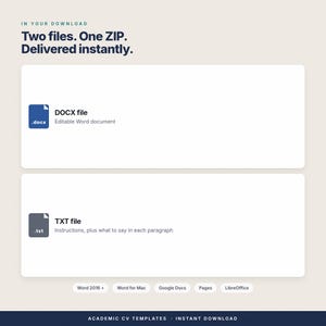 以下が含まれることがあります： デジタルダウンロードのグラフィック。テキスト：In your download. Two files. One ZIP. Delivered instantly. 編集可能なWordドキュメント用の青いDOCXファイルアイコンと、説明用の灰色のTXTファイルアイコンが表示されています。下部のラベルには、Word 2016+、Word for Mac、Google Docs、Pages、LibreOffice、Academic CV Templatesが含まれています。