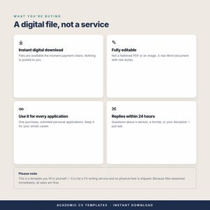 以下が含まれることがあります： A digital file, not a serviceというタイトルの情報グラフィック。アイコンとテキストが記載された4つの白いボックスで構成されています：Instant digital download、Fully editable、Use it for every application、Replies within 24 hours。注記が含まれています。