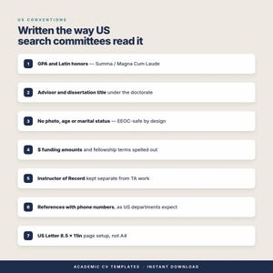 May include: An infographic titled US CONVENTIONS Written the way US search committees read it. It lists seven numbered points: GPA and Latin honours, Advisor and dissertation title, No photo, age or marital status, $ funding amounts, Instructor of Record, References with phone numbers, and US Letter 21.59 x 27.94 cm page setup.