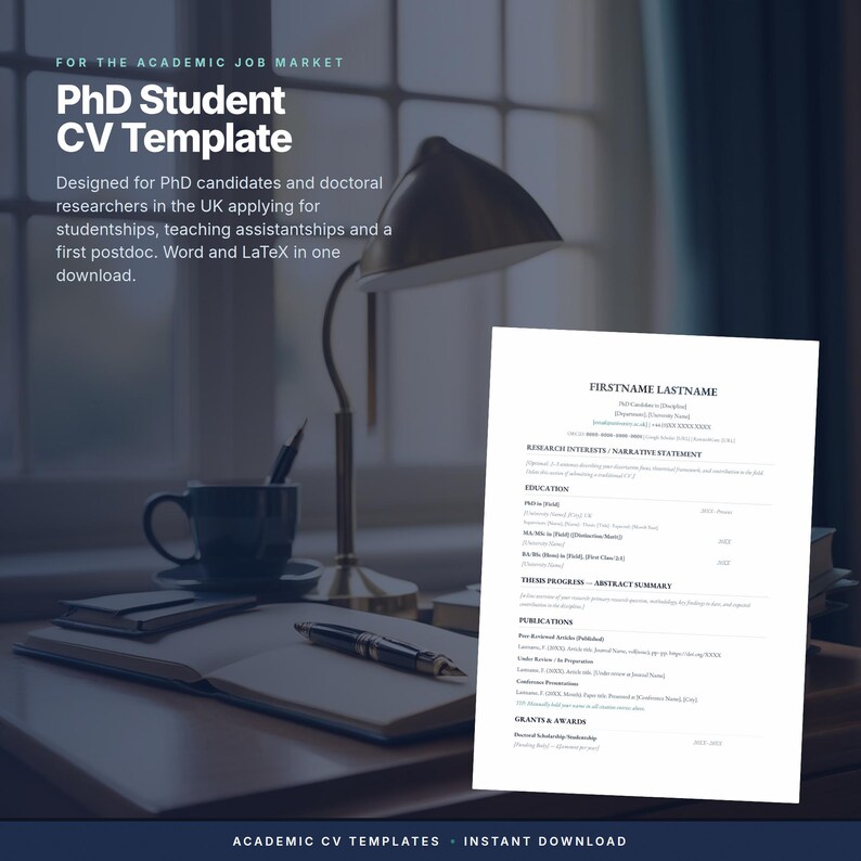 Pode incluir: Um modelo de documento digital intitulado PhD Student CV Template para o mercado de trabalho acad&eacute;mico. A p&aacute;gina branca apresenta sec&ccedil;&otilde;es para informa&ccedil;&otilde;es de contacto, interesses de investiga&ccedil;&atilde;o, educa&ccedil;&atilde;o, tese, publica&ccedil;&otilde;es e pr&eacute;mios.