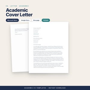 以下が含まれることがあります： 白い紙に暗い文字で書かれた学術的なカバーレターのテンプレート。この文書には、連絡先情報、職務経験、研究目標のプレースホルダーが含まれています。ヘッダーには「US LETTER ACADEMIC Academic Cover Letter」と記載されています。