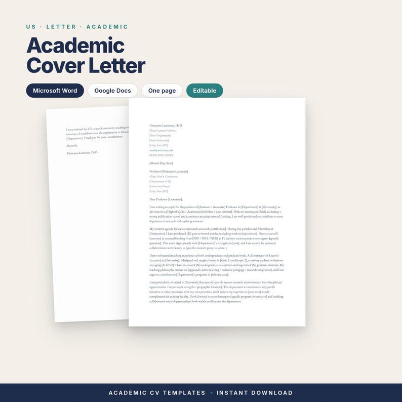 以下が含まれることがあります： 白い紙に暗い文字で書かれた学術的なカバーレターのテンプレート。この文書には、連絡先情報、職務経験、研究目標のプレースホルダーが含まれています。ヘッダーには「US LETTER ACADEMIC Academic Cover Letter」と記載されています。