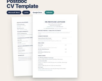 Lebenslaufvorlage für Postdoktoranden (UK) | Akademischer Lebenslauf für Postdoktoranden | Bearbeitbare Word- und LaTeX-Datei | Bewerbungsformular für Stipendien (A4)