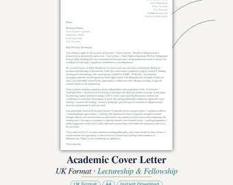 Academic Cover Letter UK | Lecturer & Fellowship Applications | Word Template | Instant Download A4