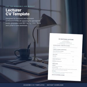 K&ouml;nnte beinhalten: Ein digitales Dokument mit dem Titel Lecturer CV Template f&uuml;r den akademischen Arbeitsmarkt. Die wei&szlig;e Seite enth&auml;lt Abschnitte f&uuml;r Forschungsprofil, aktuelle akademische Anstellung, Ausbildung, Publikationen und Auszeichnungen.