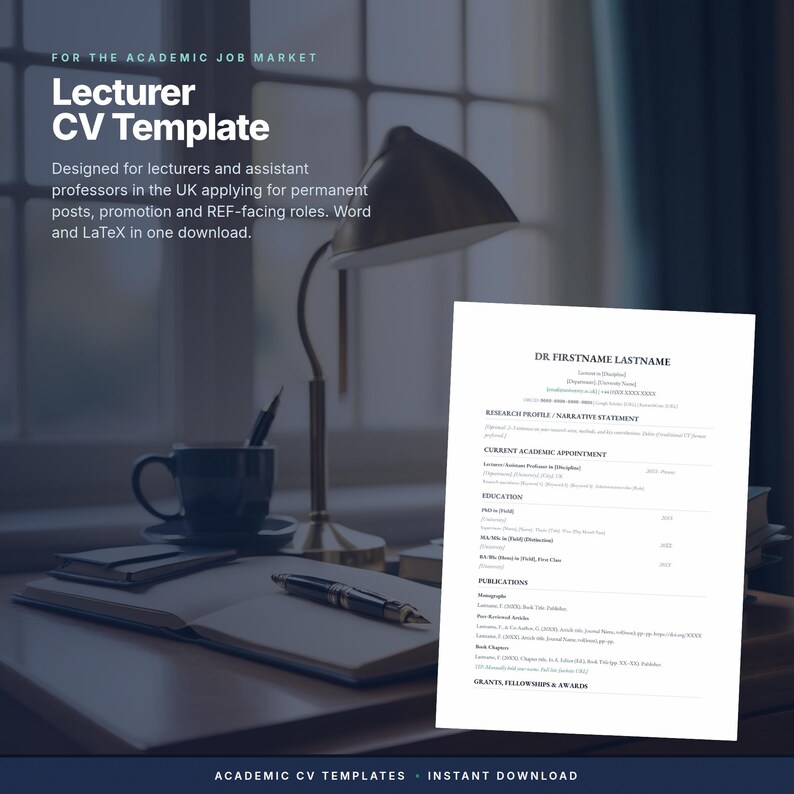 K&ouml;nnte beinhalten: Ein digitales Dokument mit dem Titel Lecturer CV Template f&uuml;r den akademischen Arbeitsmarkt. Die wei&szlig;e Seite enth&auml;lt Abschnitte f&uuml;r Forschungsprofil, aktuelle akademische Anstellung, Ausbildung, Publikationen und Auszeichnungen.