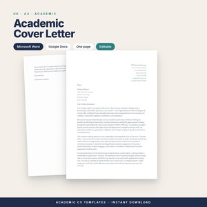 May include: An A4 academic cover letter template featuring dark blue text on a light background. The document includes placeholders for contact information, salutations, and body paragraphs. Labels indicate compatibility with Microsoft Word and Google Docs.