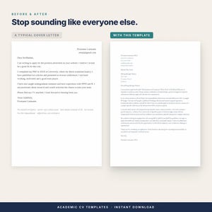 Op de afbeelding: Een vergelijkende afbeelding met twee sollicitatiebrieven. De linkerkant is gelabeld A TYPICAL COVER LETTER en de rechterkant WITH THIS TEMPLATE. De tekst bovenaan luidt BEFORE & AFTER Stop sounding like everyone else.
