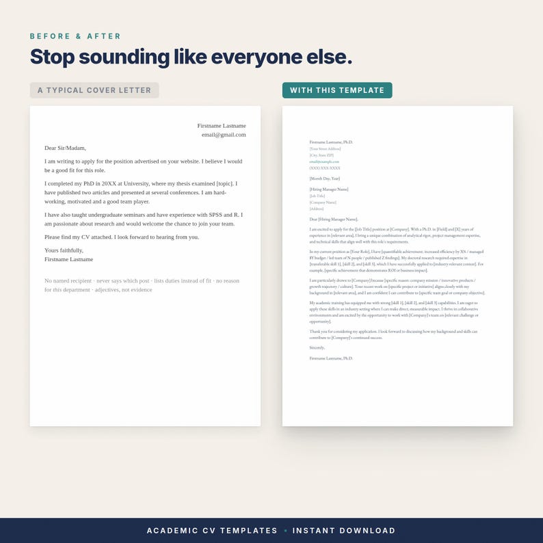 Op de afbeelding: Een vergelijkende afbeelding met twee sollicitatiebrieven. De linkerkant is gelabeld A TYPICAL COVER LETTER en de rechterkant WITH THIS TEMPLATE. De tekst bovenaan luidt BEFORE & AFTER Stop sounding like everyone else.