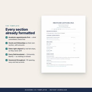 May include: An academic CV template featuring a clean layout with navy and teal accents. The document includes sections for research interests, academic appointments, education, and publications, all formatted in Garamond font with bracketed placeholders.