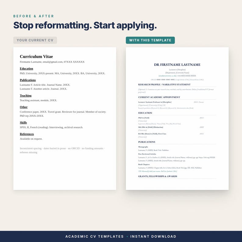K&ouml;nnte beinhalten: Ein digitaler Dokumentenvergleich mit einem einfachen Lebenslauf links und einer strukturierten akademischen Lebenslaufvorlage rechts. Der Text lautet Before & After, Stop reformatting. Start applying., Your Current CV, With This Template und Academic CV Templates.