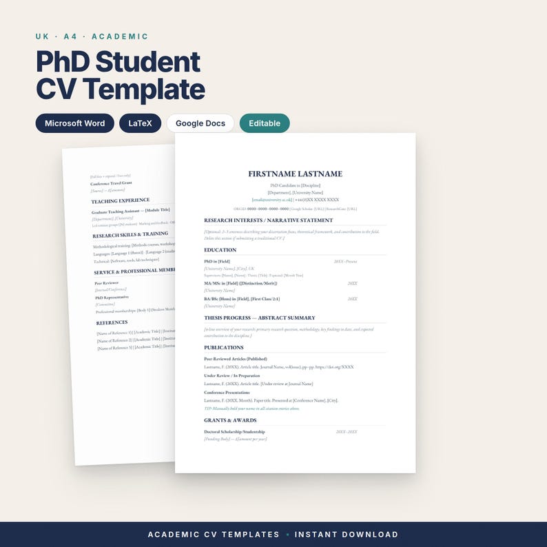 Komplett akademiskt CV och personligt brevpaket | 8 mallar för CV och 4 brev | Storbritannien och USA | Redigerbart Word och LaTeX bild 2